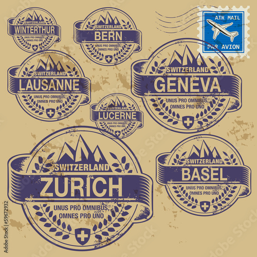 Grunge rubber stamp set with names of Switzerland cities