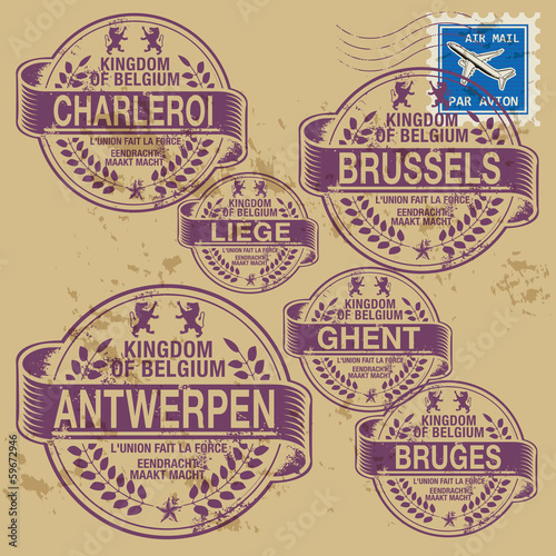 Grunge rubber stamp set with names of Belgium cities