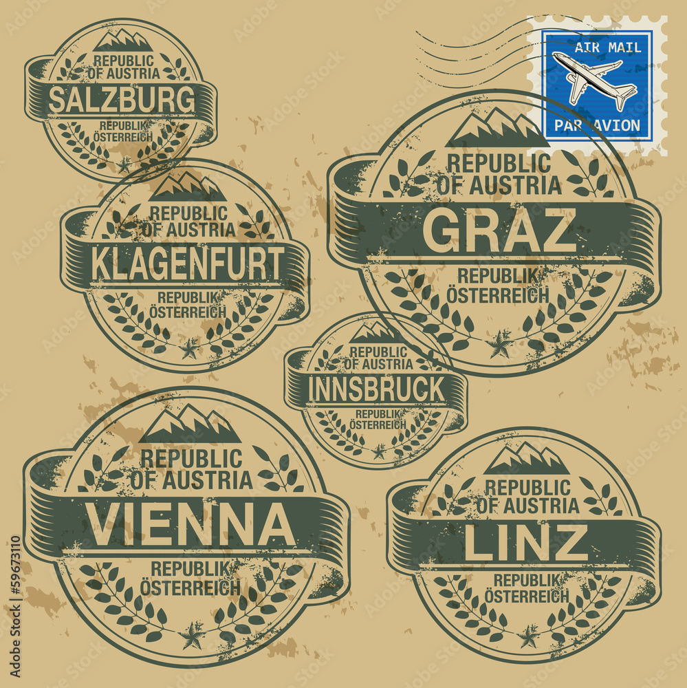 Grunge rubber stamp set with names of Austrian cities