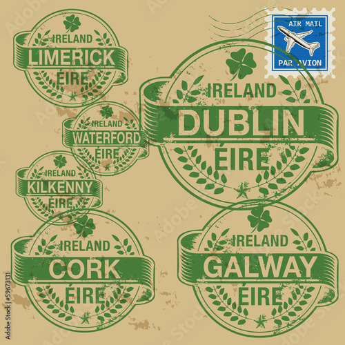 Grunge rubber stamp set with names of Ireland cities
