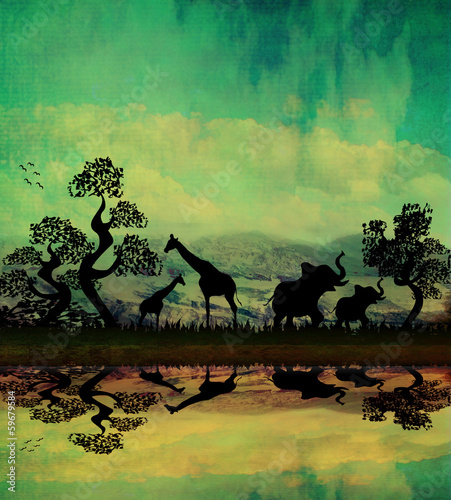 Photography Safari in Africa silhouette of wild animals reflection in water