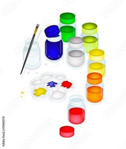 Color Paint Jars and Palette with A Brush