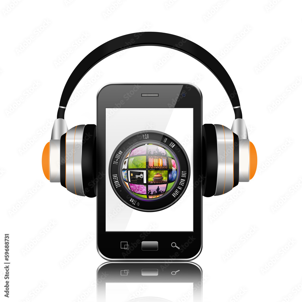 Camera photo lens with headphones on smartphone,smartphone with Camera photo lens with headphones on smartphone,smartphone with