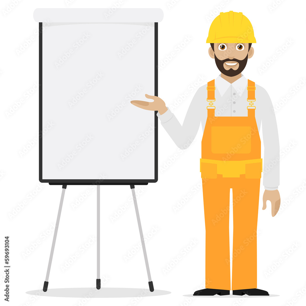 Builder points to flipchart Builder points to flipchart