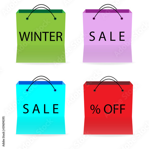 multicoloured shopping bags with sale signs on white background