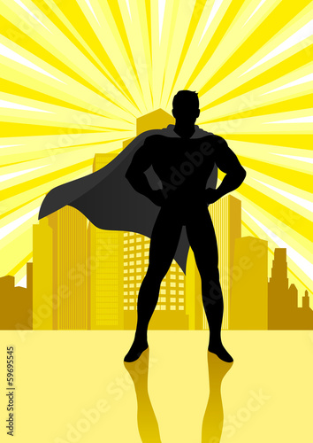 Superhero standing in front of cityscape