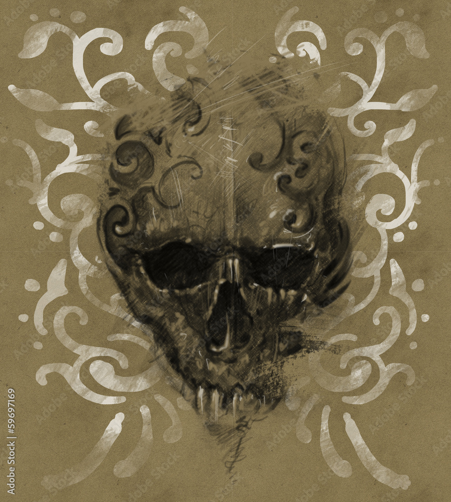Fototapeta premium Tattoo skull over vintage paper, white tribals design