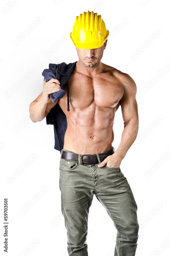Attractive Muscular Construction Worker Shirtless Isolated