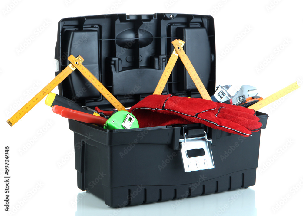 Black toolbox with tools isolated on white Black toolbox with tools isolated on white