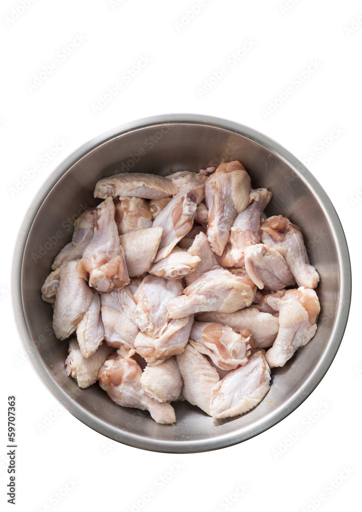 Chicken wings in metal bowl isolated on white Chicken wings in metal bowl isolated on white
