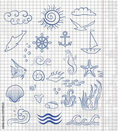 Set of sea inhabitants and marine life on the notebook sheet