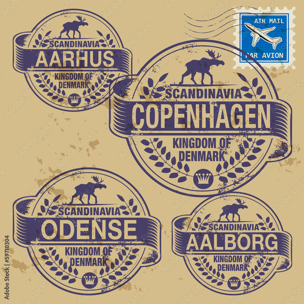 Fototapeta premium Grunge rubber stamp set with names of Denmark cities