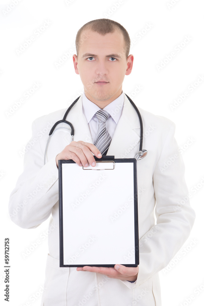 young doctor showing folder with copy space for text isolated on young doctor showing folder with copy space for text isolated on