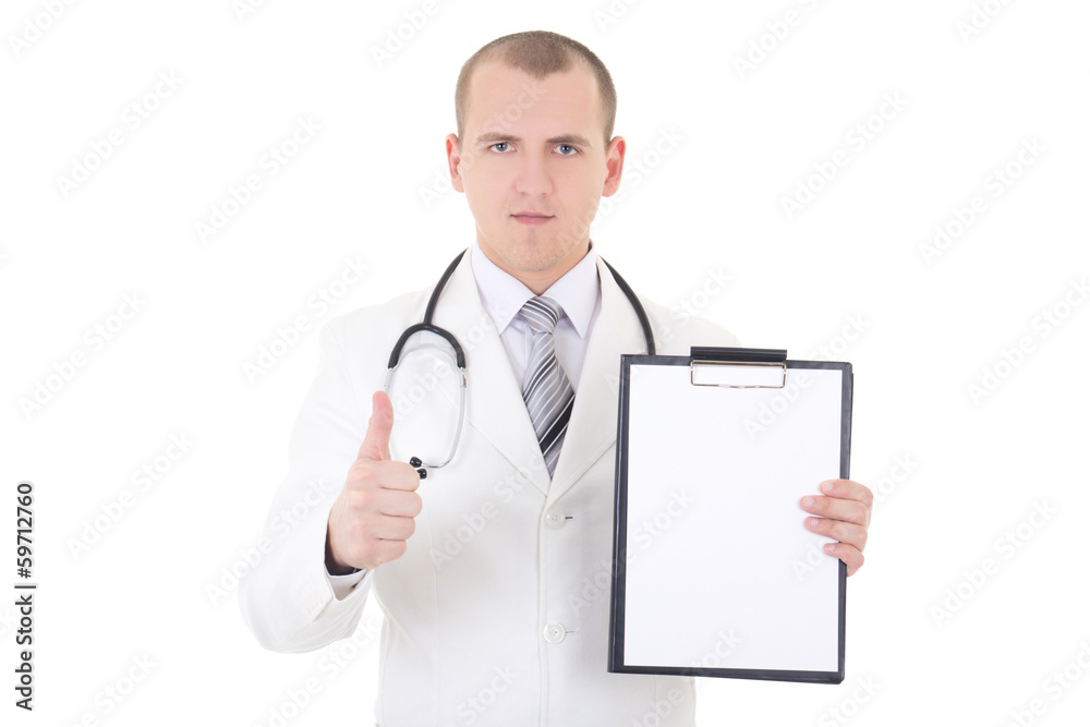 young doctor showing folder with copy space for text and thumbs young doctor showing folder with copy space for text and thumbs