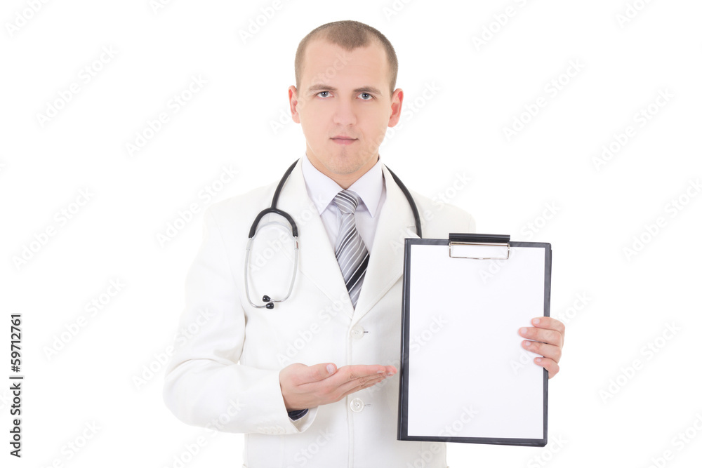 young male doctor showing clipboard with copy space for text on young male doctor showing clipboard with copy space for text on