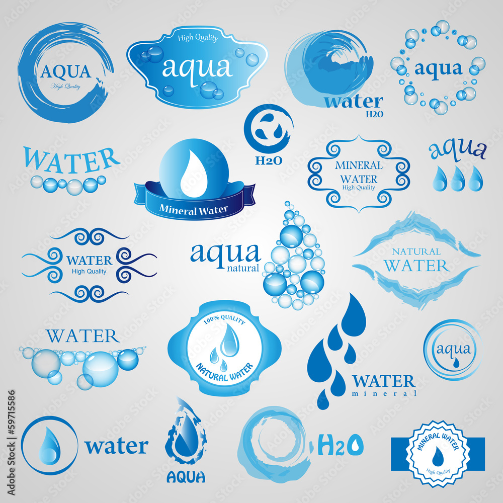 Water And Drop Icons Set - Isolated On Gray Background Water And Drop Icons Set - Isolated On Gray Background
