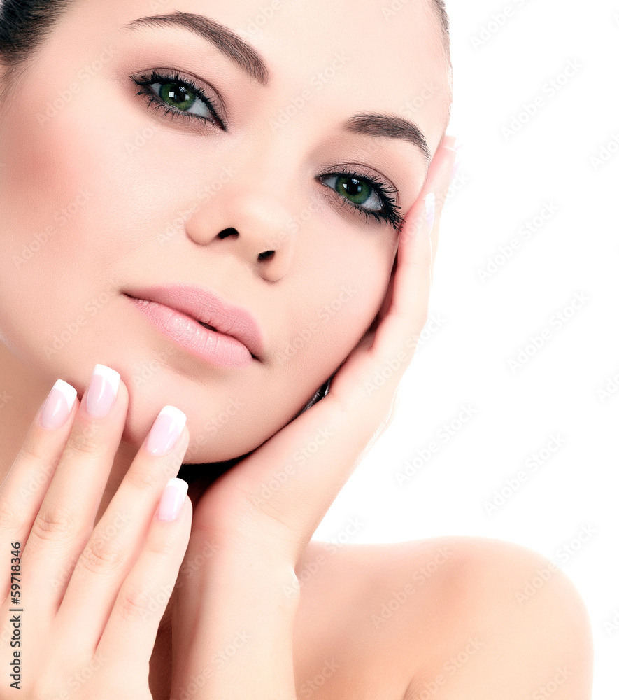 Beautiful girl with clean fresh skin, white background Beautiful girl with clean fresh skin, white background