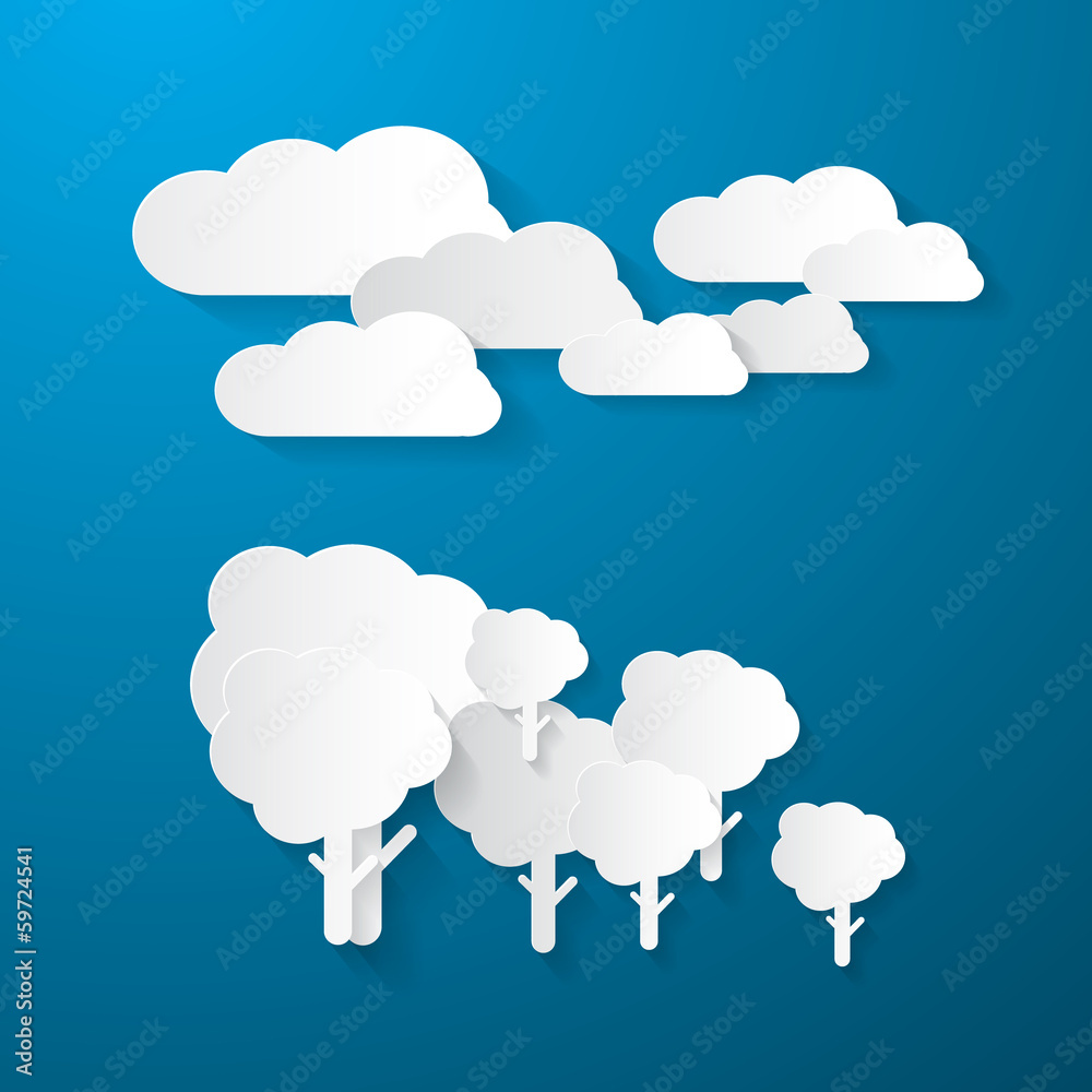 Paper Clouds and Trees on Blue Background