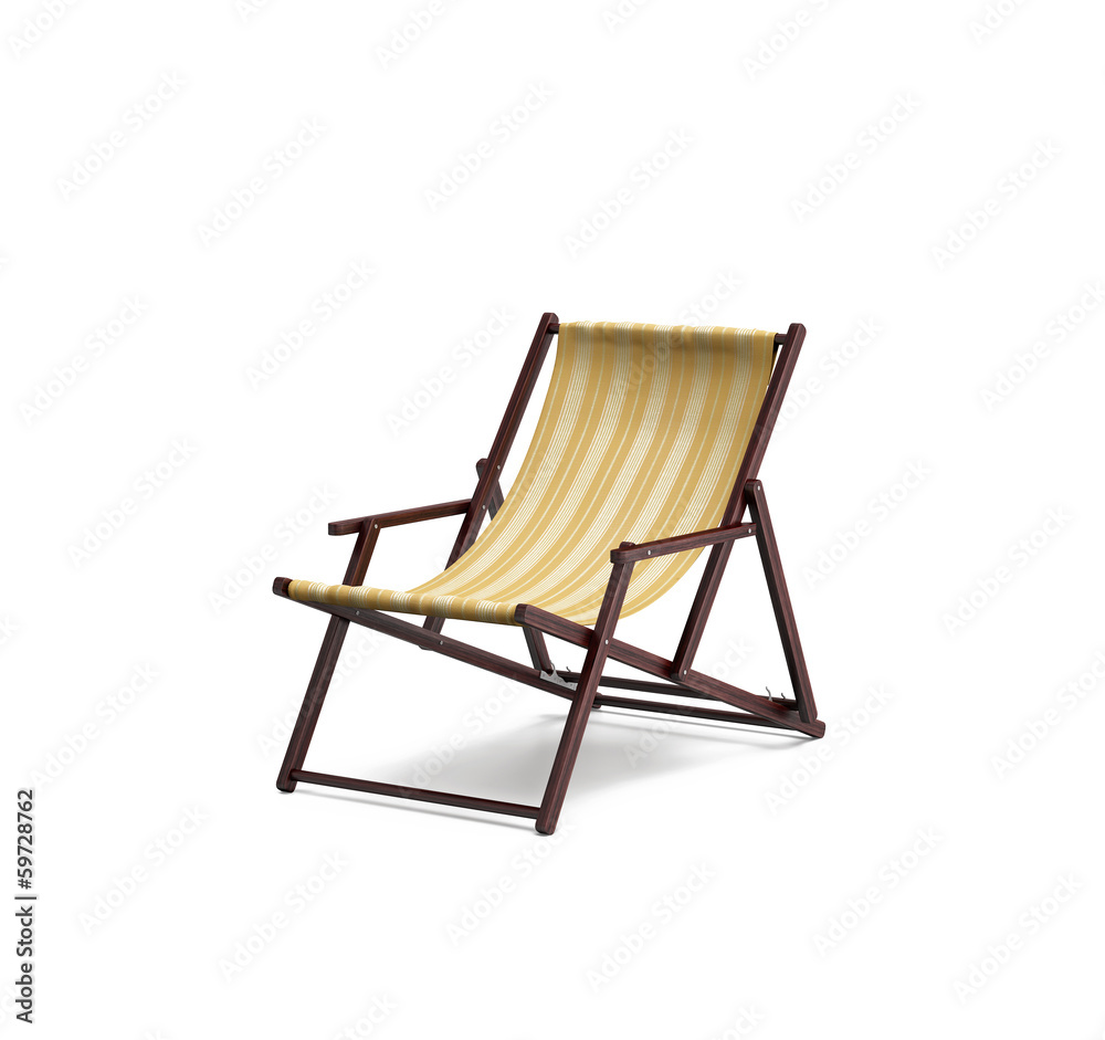 Isolated wooden sunlounger with yellow stripes