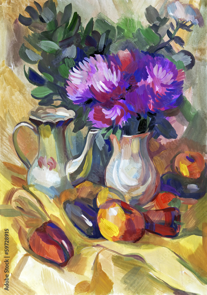 Fototapeta premium Still life a bouquet of flowers. Hand-drawn in gouache
