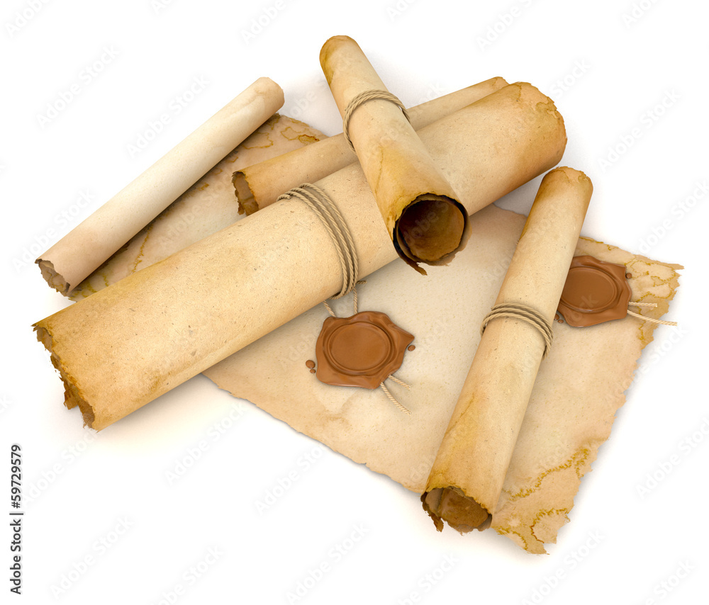 Old paper scroll with wax seal. Pile of archival documents Old paper scroll with wax seal. Pile of archival documents