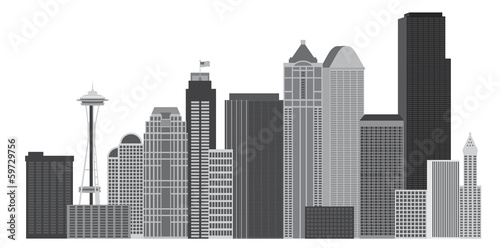 Seattle City Skyline Grayscale Vector Illustration