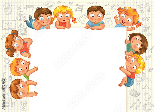 Cute little kids show a blank poster