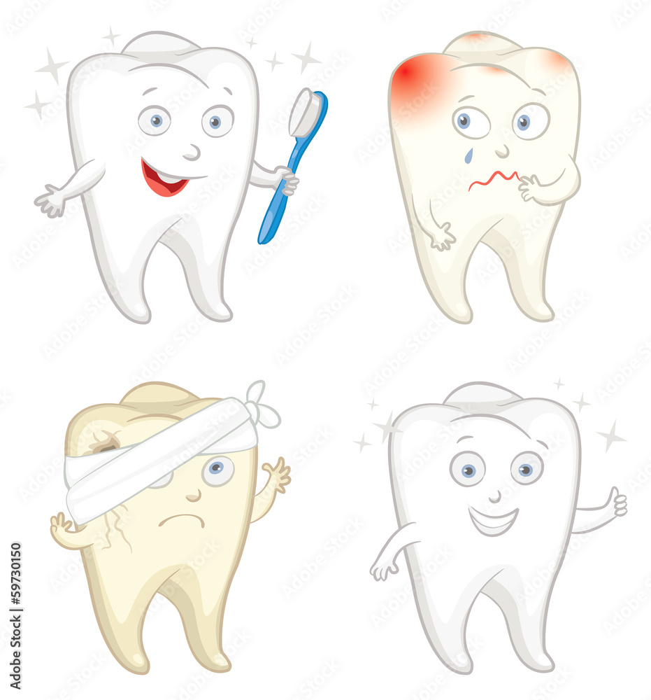 Funny tooth with toothbrush. Caries. Toothache Funny tooth with toothbrush. Caries. Toothache