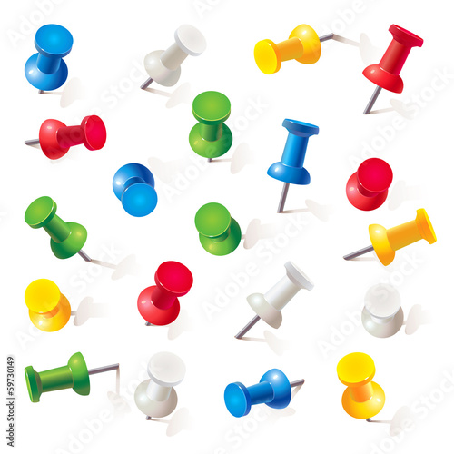 Set of push pins in different colors. Thumbtacks