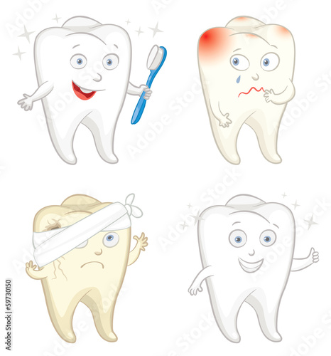 Funny tooth with toothbrush. Caries. Toothache