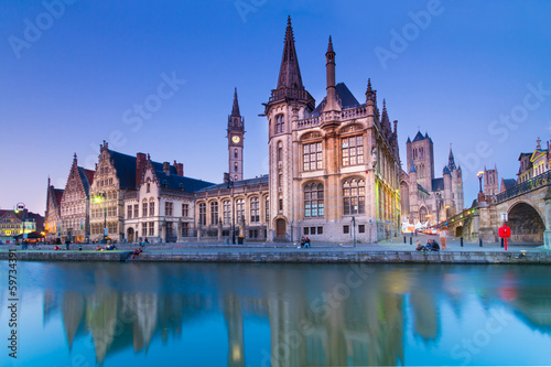 Leie river bank in Ghent, Belgium, Europe. photo