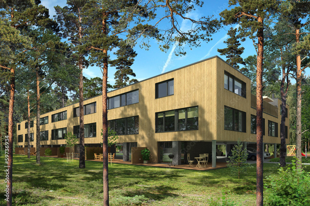 Rendering of a modern terraced houses in pine trees