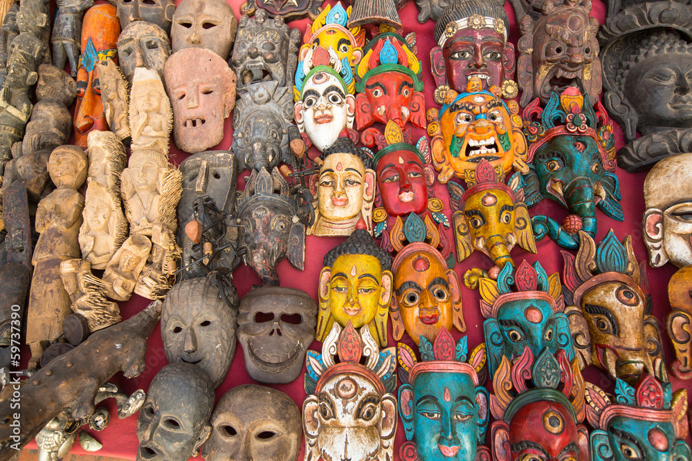 Indian God's Masks sell in street shop, Kathmandu, Nepal.