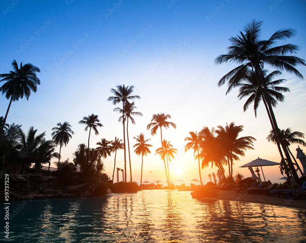 Beautiful sunset at a beach resort in the tropics.