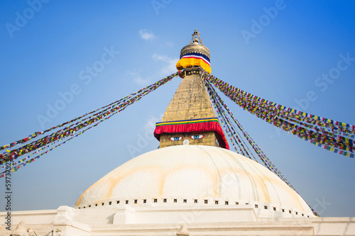 Bodhnath Stupa with buddha eyes and prayer flags, Kathmandu