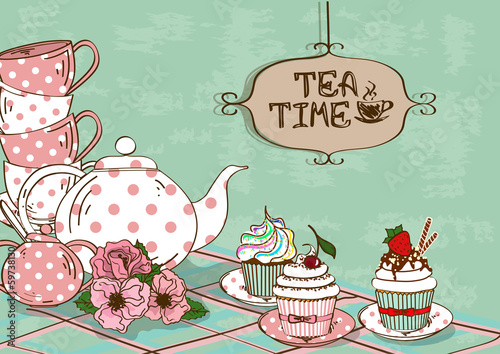 Illustration with still life of tea set and cupcakes