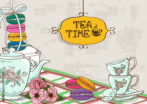 Illustration with still life of tea set and French macaroons