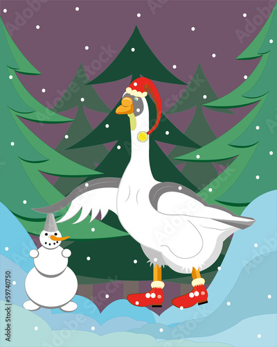 The goose builds a snowman.