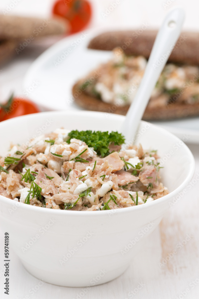 pate with tuna, homemade cheese and dill in a bowl pate with tuna, homemade cheese and dill in a bowl
