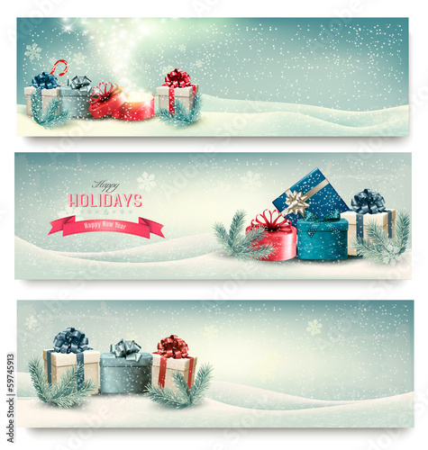 Christmas winter banners with presents. Vector.