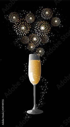 Happy new year 2014 champagne fireworks greeting card