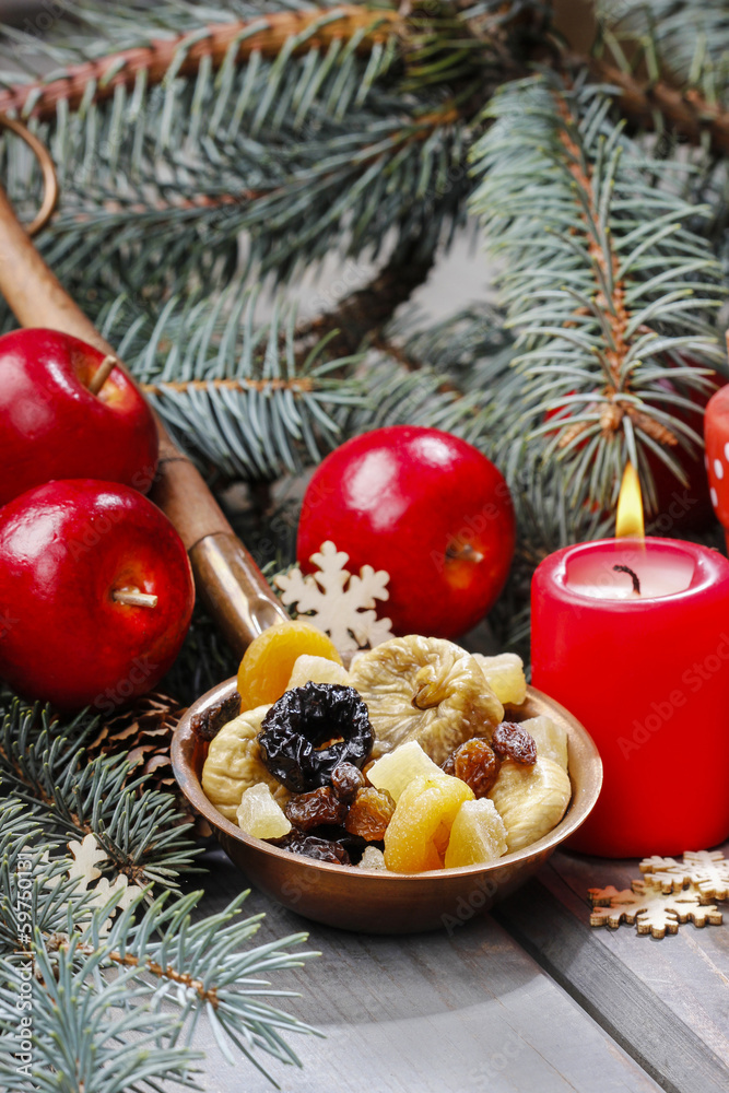 Bowl of dried fruits on wooden table Bowl of dried fruits on wooden table
