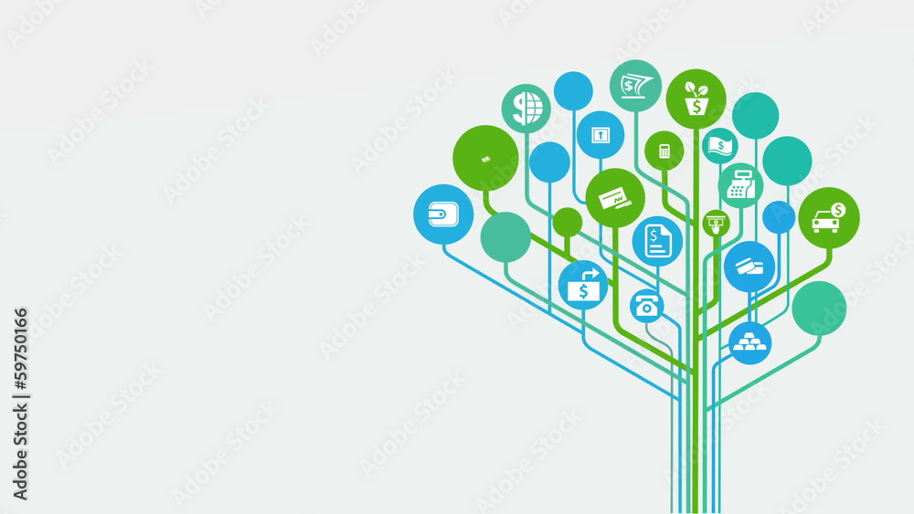 Flat growing tree with business icons and with alpha channel