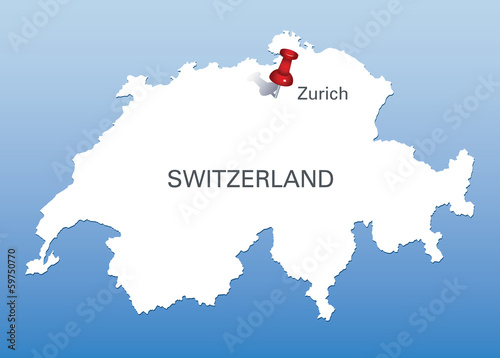 Switzerland map with the indication with push pin of Zurich