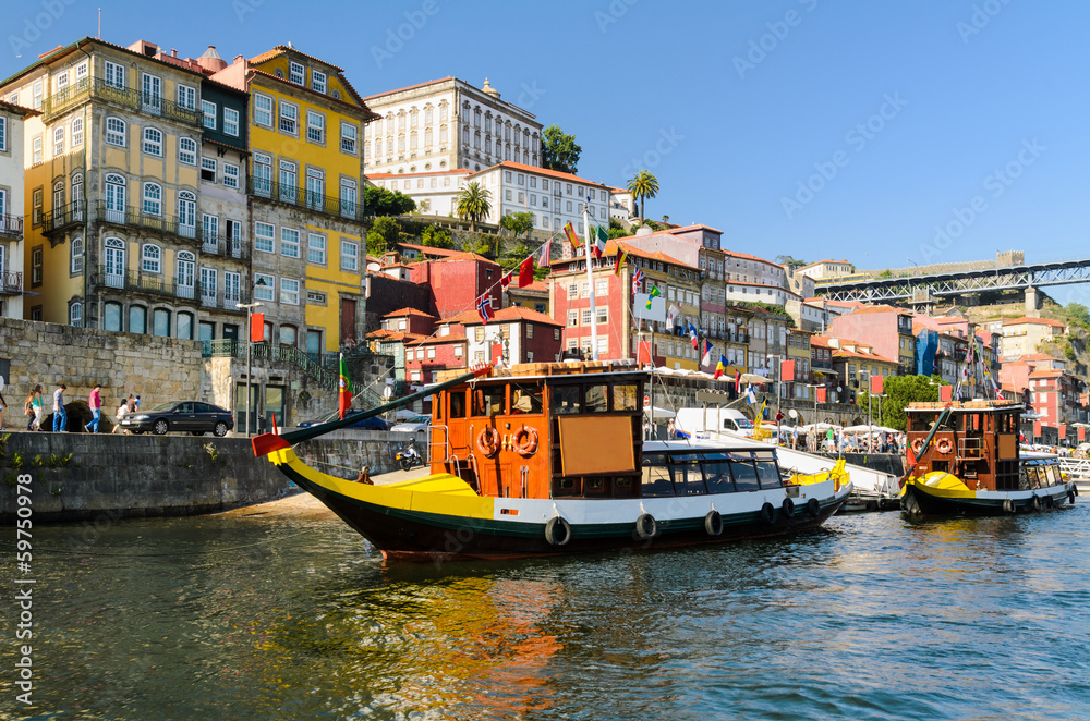 Boats on the Douro river in Porto, Portugal