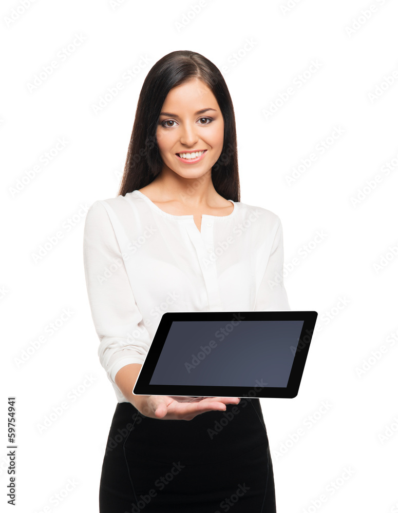 A young and happy businesswoman holding a tablet A young and happy businesswoman holding a tablet