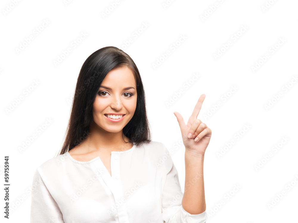 A young and happy brunette businesswoman holding fingers up A young and happy brunette businesswoman holding fingers up