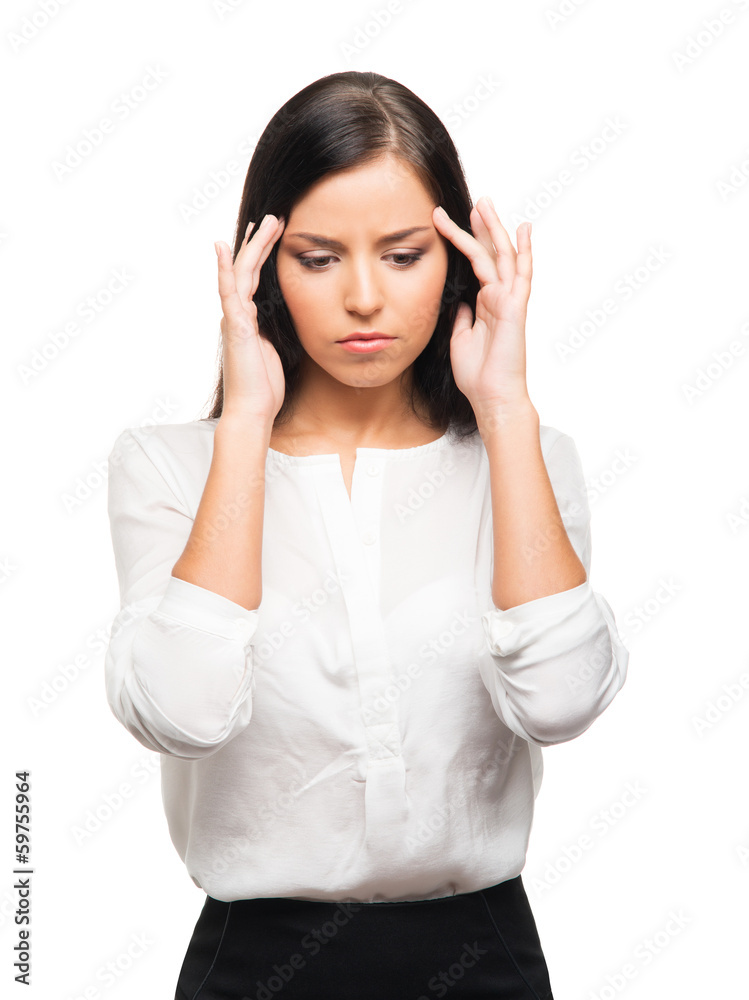A tired and upset businesswoman in stress isolated on white A tired and upset businesswoman in stress isolated on white