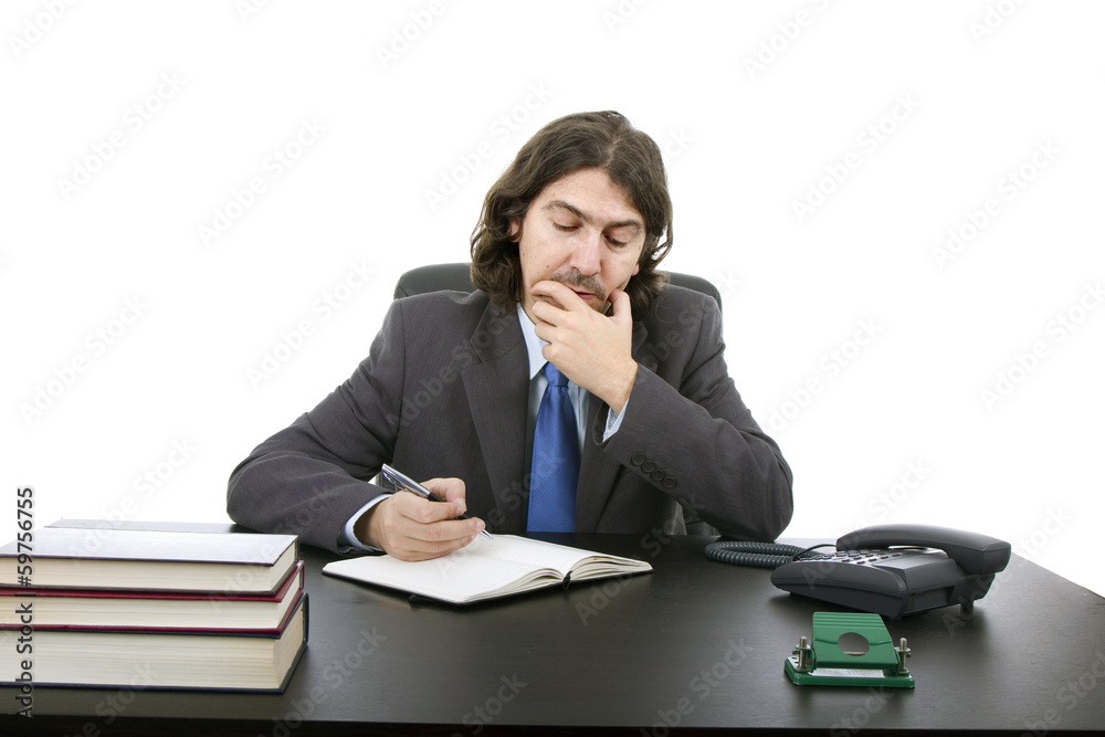 Businessman sitting at the desk, Isolated on white Businessman sitting at the desk, Isolated on white