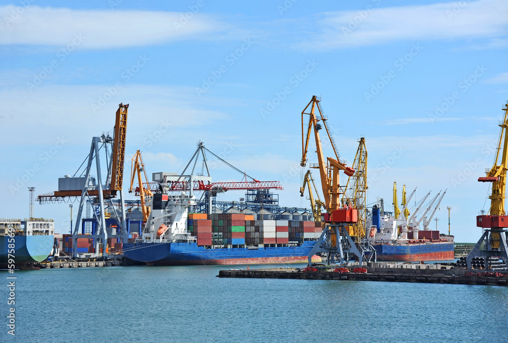 Container stack and ship under crane bridge Container stack and ship under crane bridge